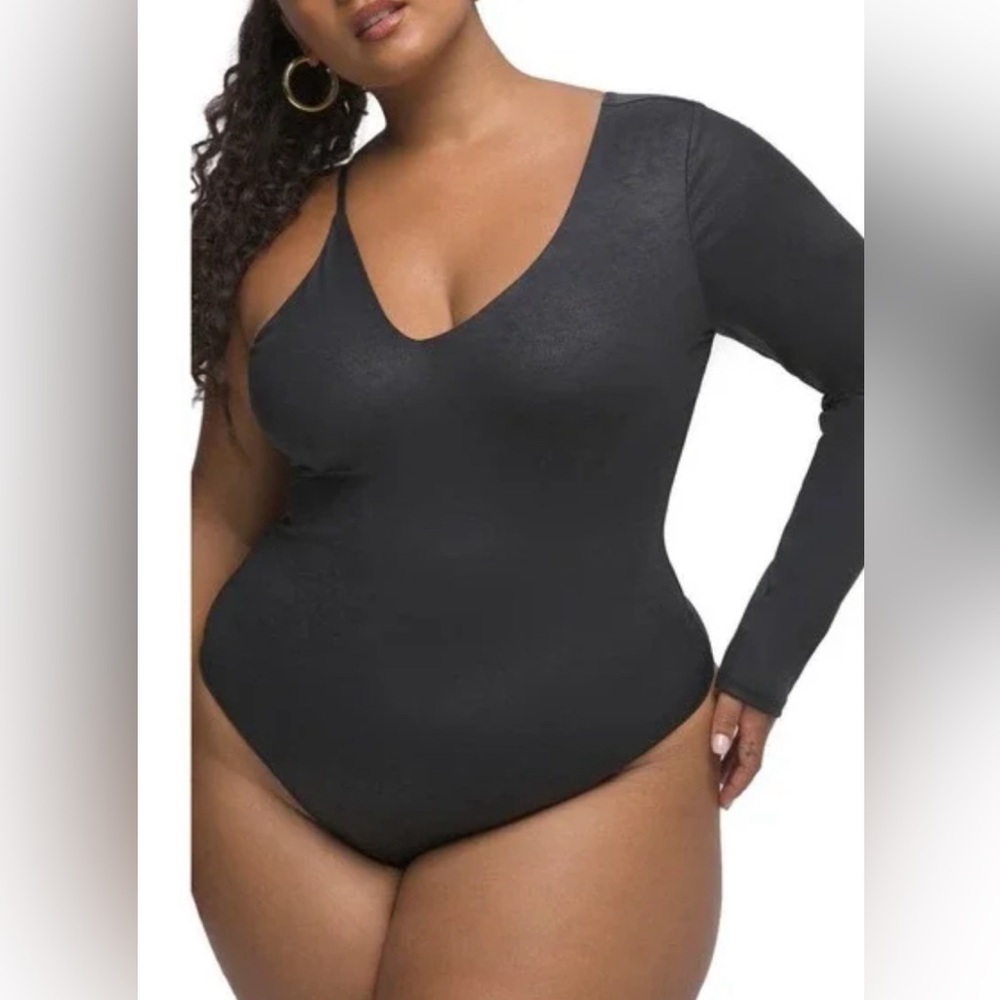 Good American Confidence Black One Shoulder Asymmetrical Bodysuit Size 7 (4XL)